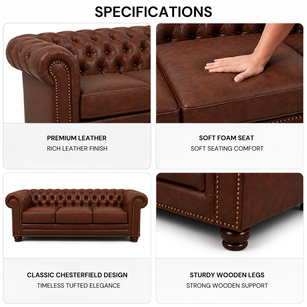 3 Seater chesterfield sofa Modern Design and Leatherette fabric Durable and Comfortable Padded Perfect for living Room, Office -Brown