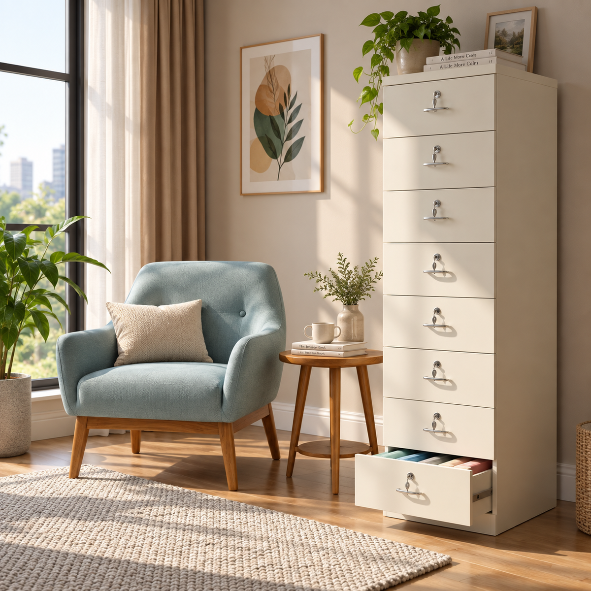 Tall Off-White 8 Drawer Modern Storage Cabinet with Individual Key Locks Metal Handles and Slim Vertical Design