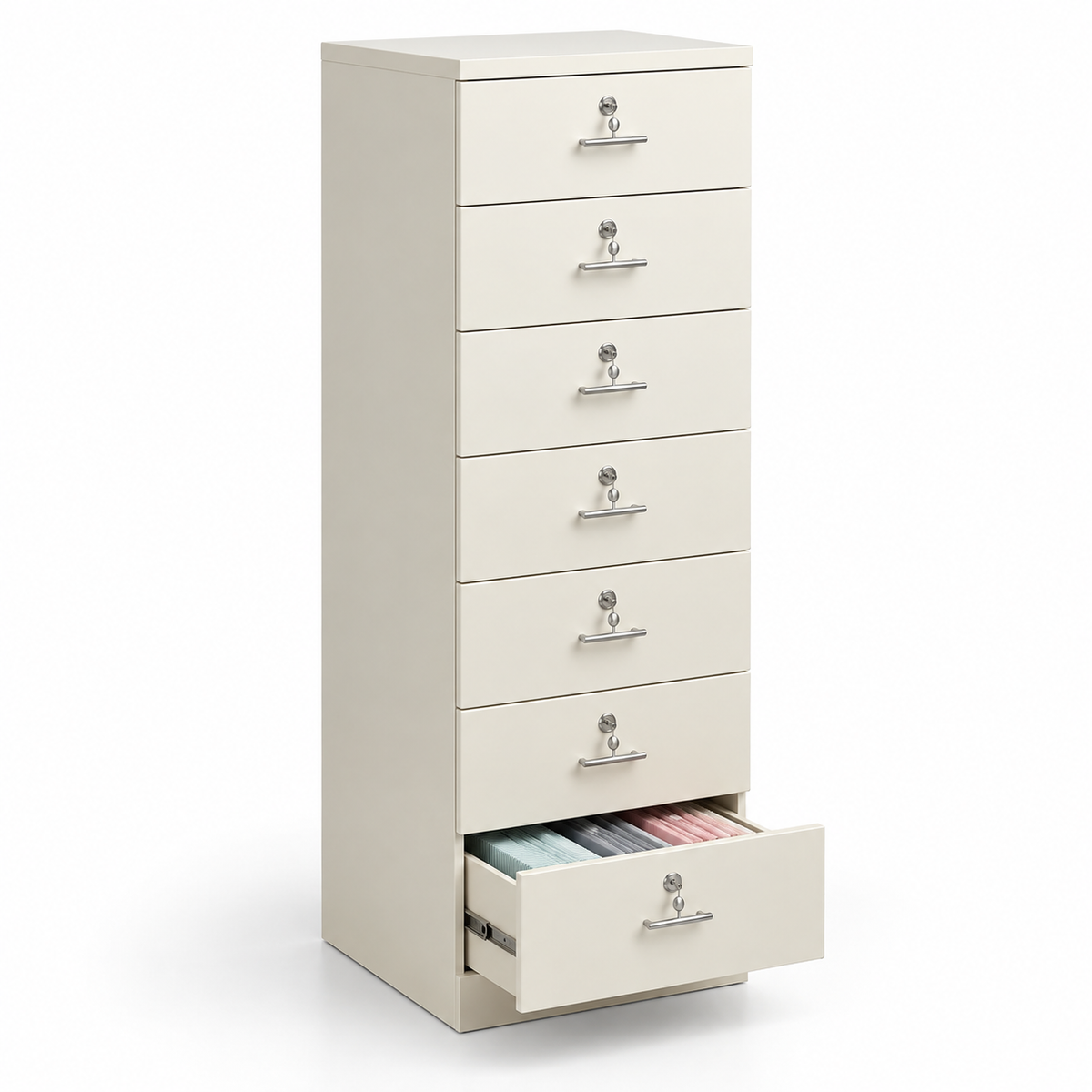 Tall Off-White 8 Drawer Modern Storage Cabinet with Individual Key Locks Metal Handles and Slim Vertical Design
