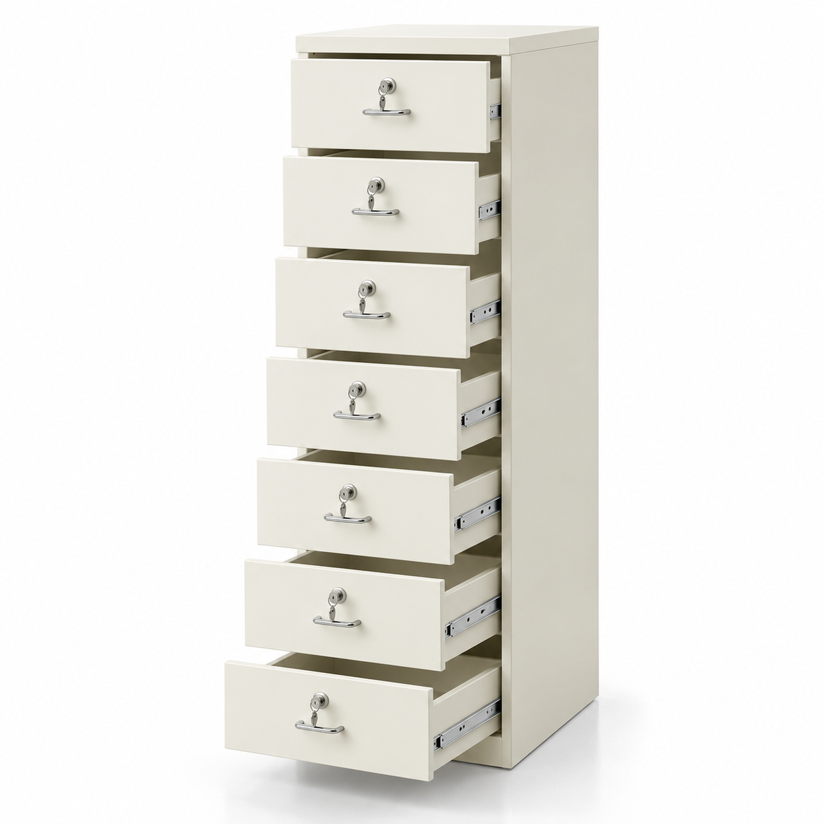 Tall Off-White 8 Drawer Modern Storage Cabinet with Individual Key Locks Metal Handles and Slim Vertical Design