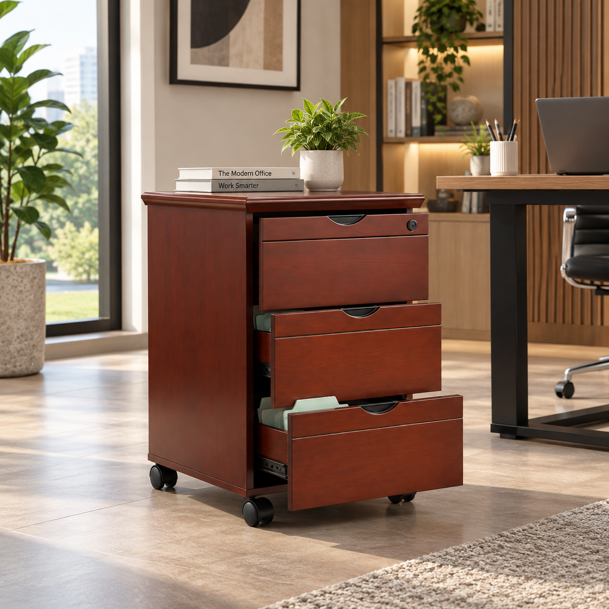 Classic Mahogany Mobile Office Pedestal Cabinet with 3 Drawers Key Lock Integrated Handles and Wheels for Desk Storage