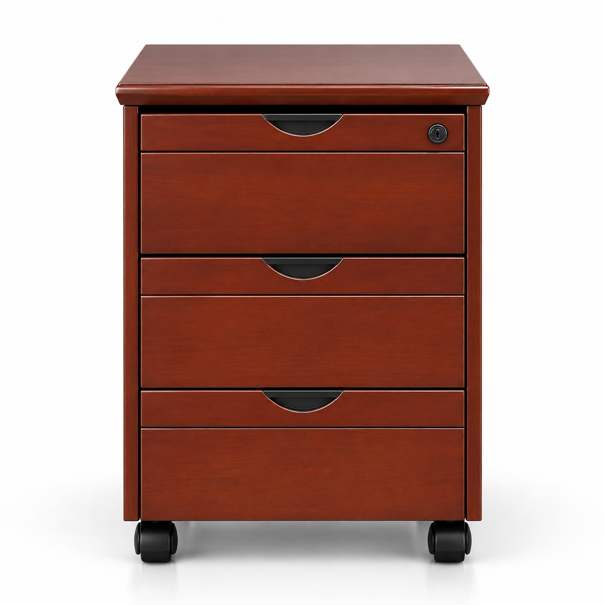 Classic Mahogany Mobile Office Pedestal Cabinet with 3 Drawers Key Lock Integrated Handles and Wheels for Desk Storage