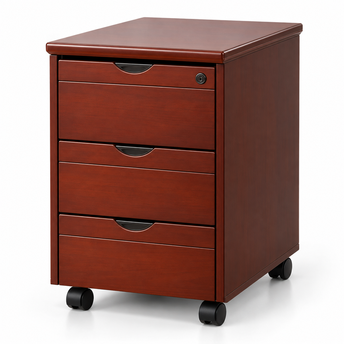 Classic Mahogany Mobile Office Pedestal Cabinet with 3 Drawers Key Lock Integrated Handles and Wheels for Desk Storage