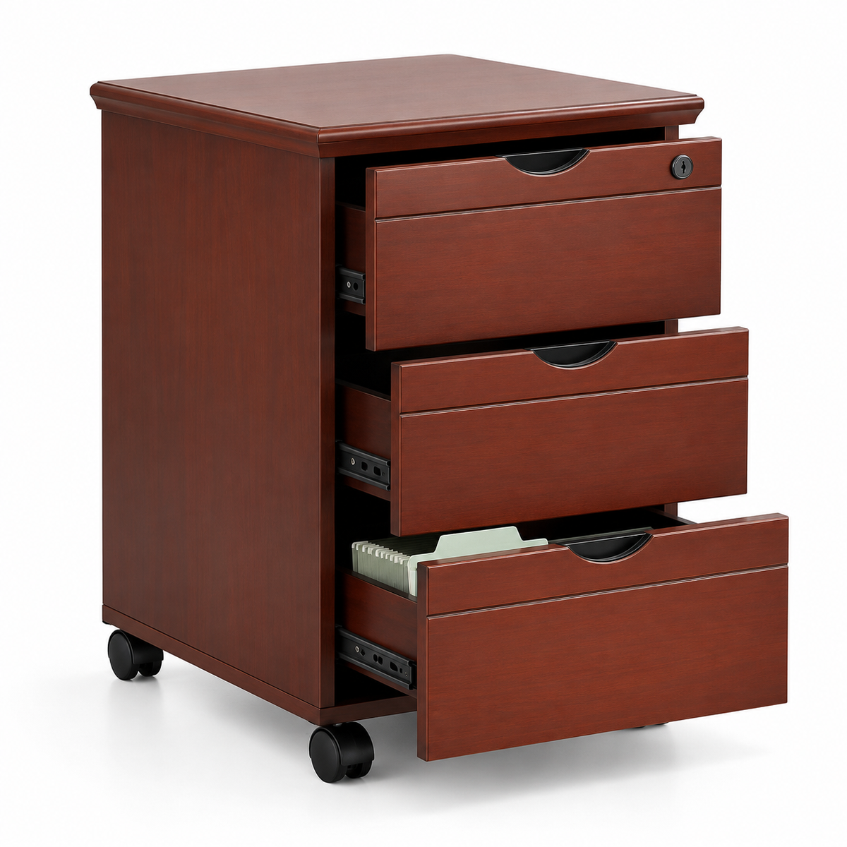 Classic Mahogany Mobile Office Pedestal Cabinet with 3 Drawers Key Lock Integrated Handles and Wheels for Desk Storage