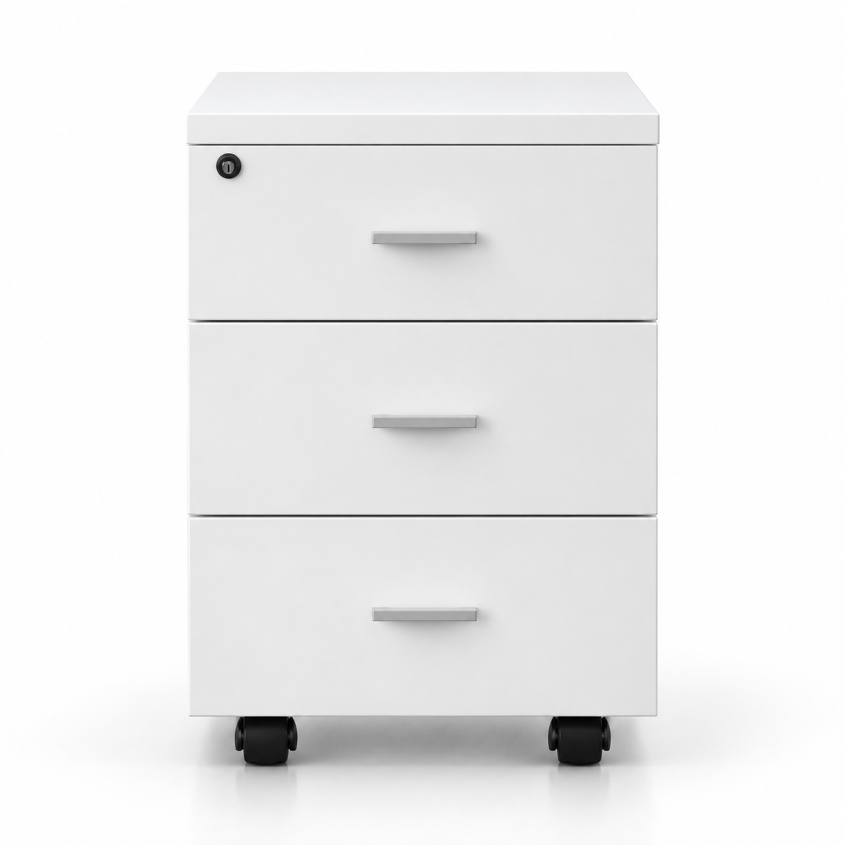 Modern White Mobile Office Pedestal Cabinet with 3 Drawers Key Lock System and Caster Wheels for File Storage Under Desk