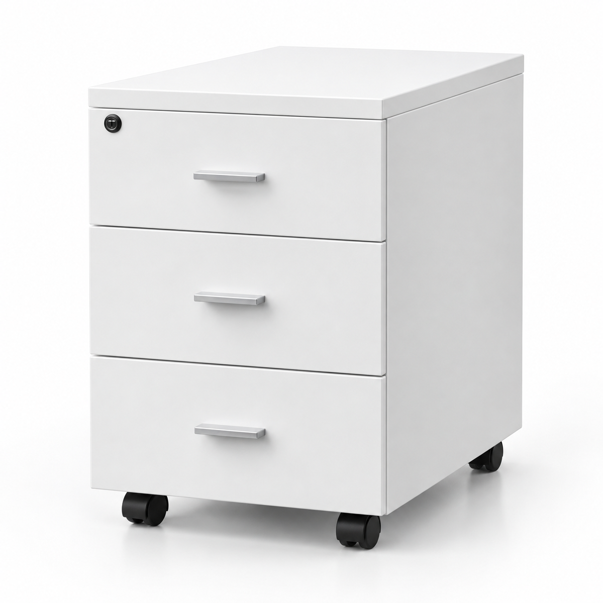 Modern White Mobile Office Pedestal Cabinet with 3 Drawers Key Lock System and Caster Wheels for File Storage Under Desk