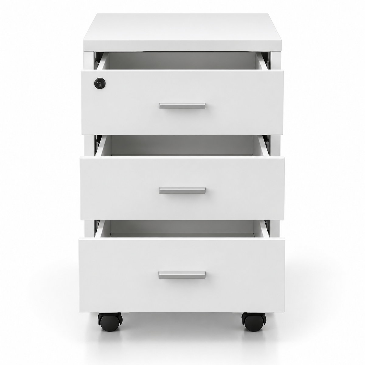 Modern White Mobile Office Pedestal Cabinet with 3 Drawers Key Lock System and Caster Wheels for File Storage Under Desk