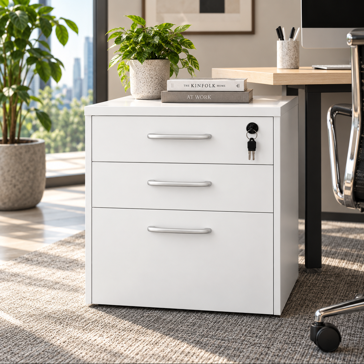 Modern White 3 Drawer Mobile Storage Cabinet Unit with Key Lock Metallic Handles and File Storage Under Desk Pedestal