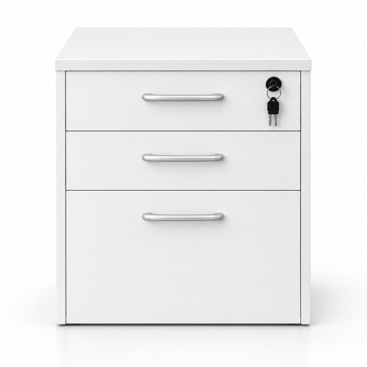 Modern White 3 Drawer Mobile Storage Cabinet Unit with Key Lock Metallic Handles and File Storage Under Desk Pedestal