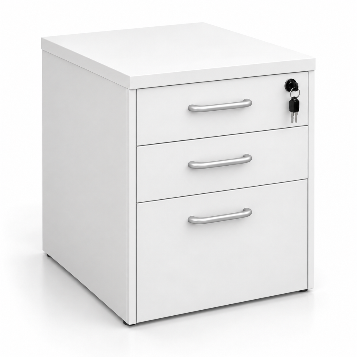 Modern White 3 Drawer Mobile Storage Cabinet Unit with Key Lock Metallic Handles and File Storage Under Desk Pedestal