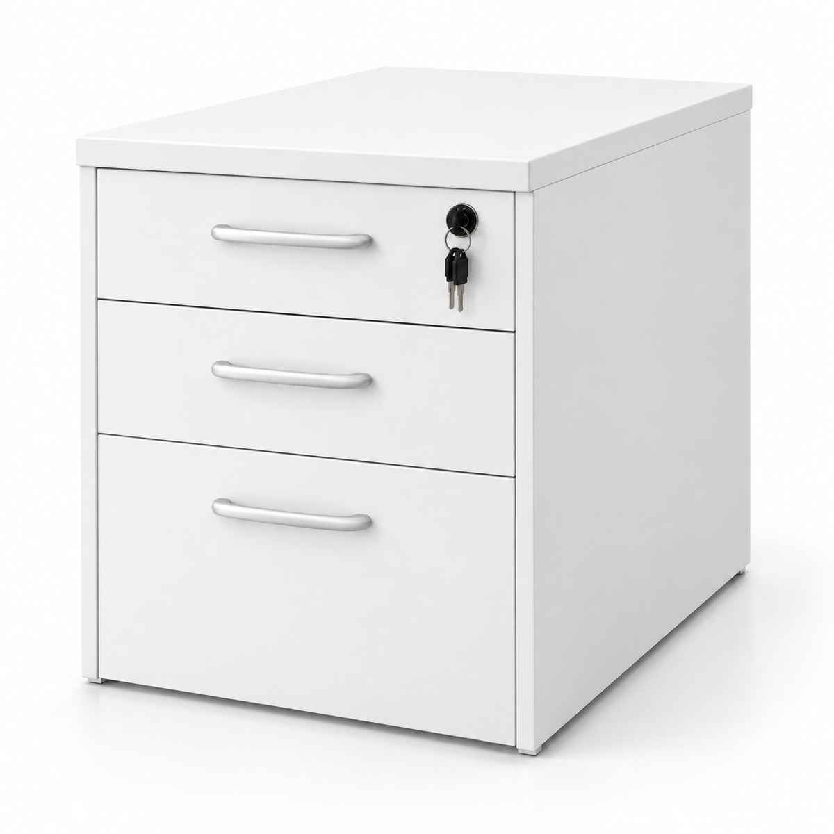 Modern White 3 Drawer Mobile Storage Cabinet Unit with Key Lock Metallic Handles and File Storage Under Desk Pedestal