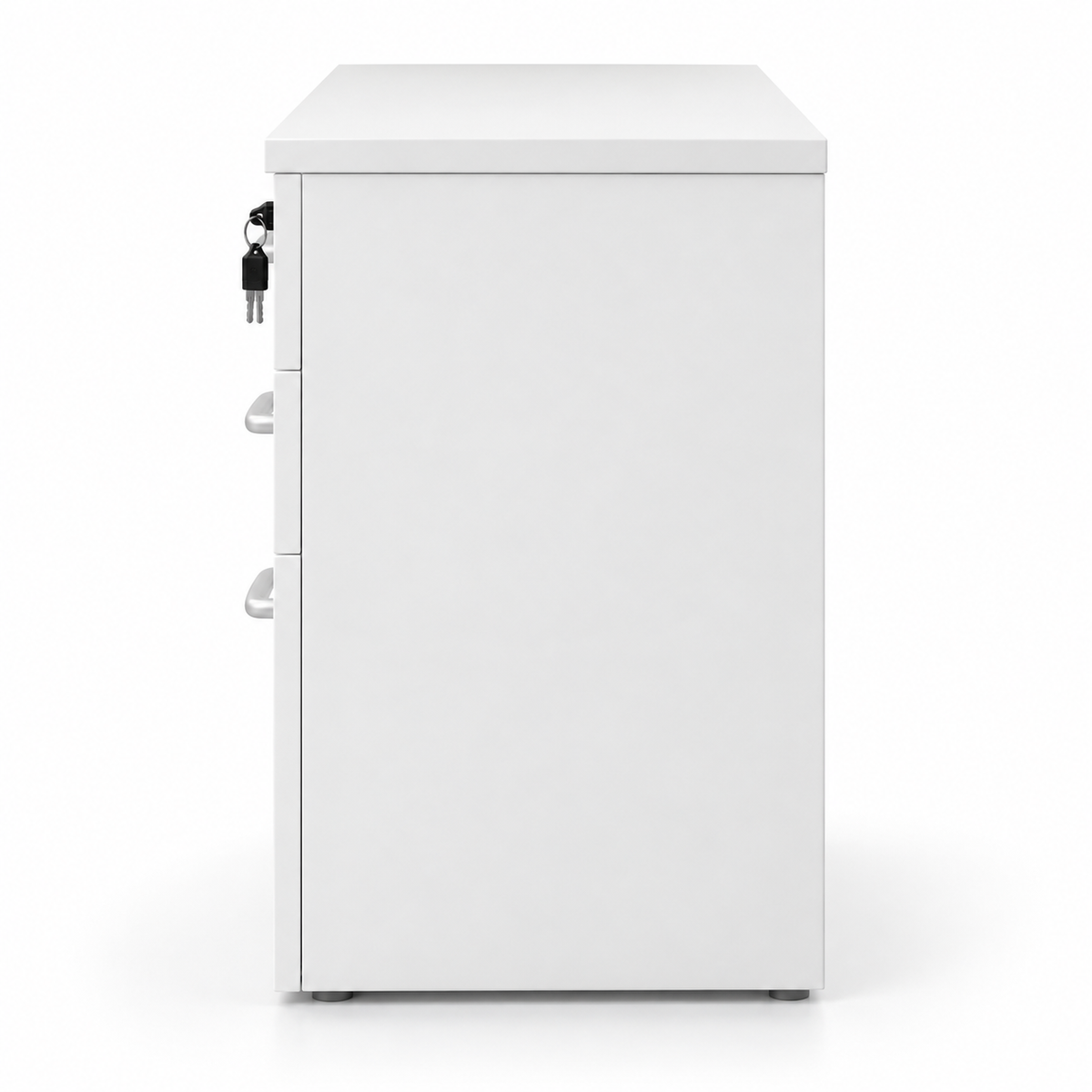 Modern White 3 Drawer Mobile Storage Cabinet Unit with Key Lock Metallic Handles and File Storage Under Desk Pedestal