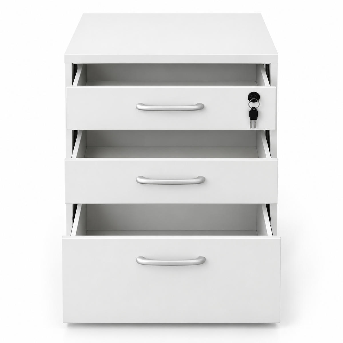 Modern White 3 Drawer Mobile Storage Cabinet Unit with Key Lock Metallic Handles and File Storage Under Desk Pedestal