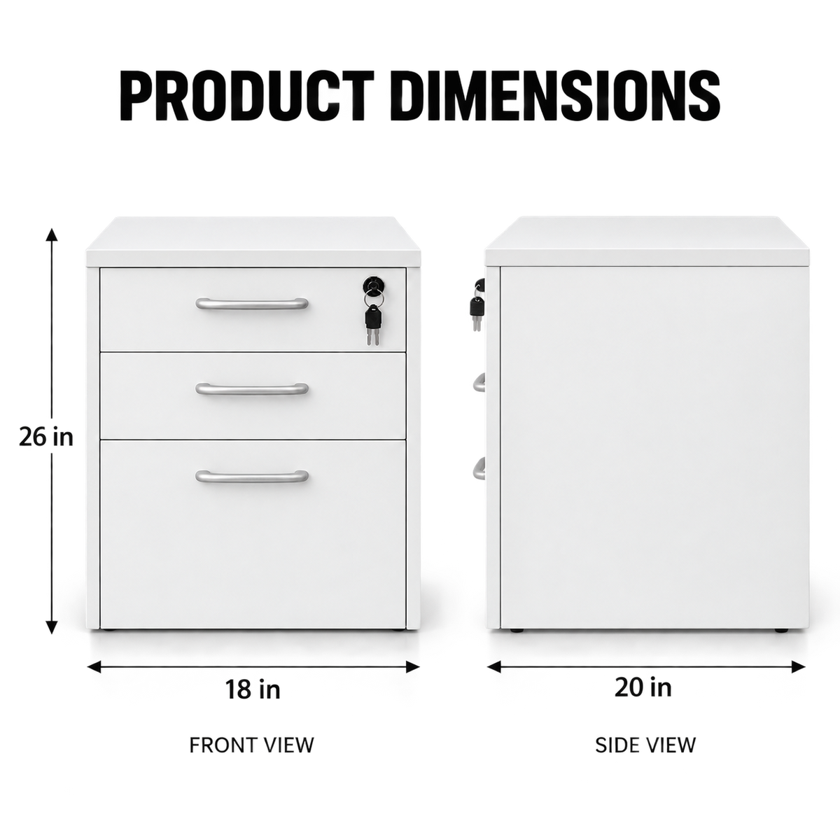 Modern White 3 Drawer Mobile Storage Cabinet Unit with Key Lock Metallic Handles and File Storage Under Desk Pedestal