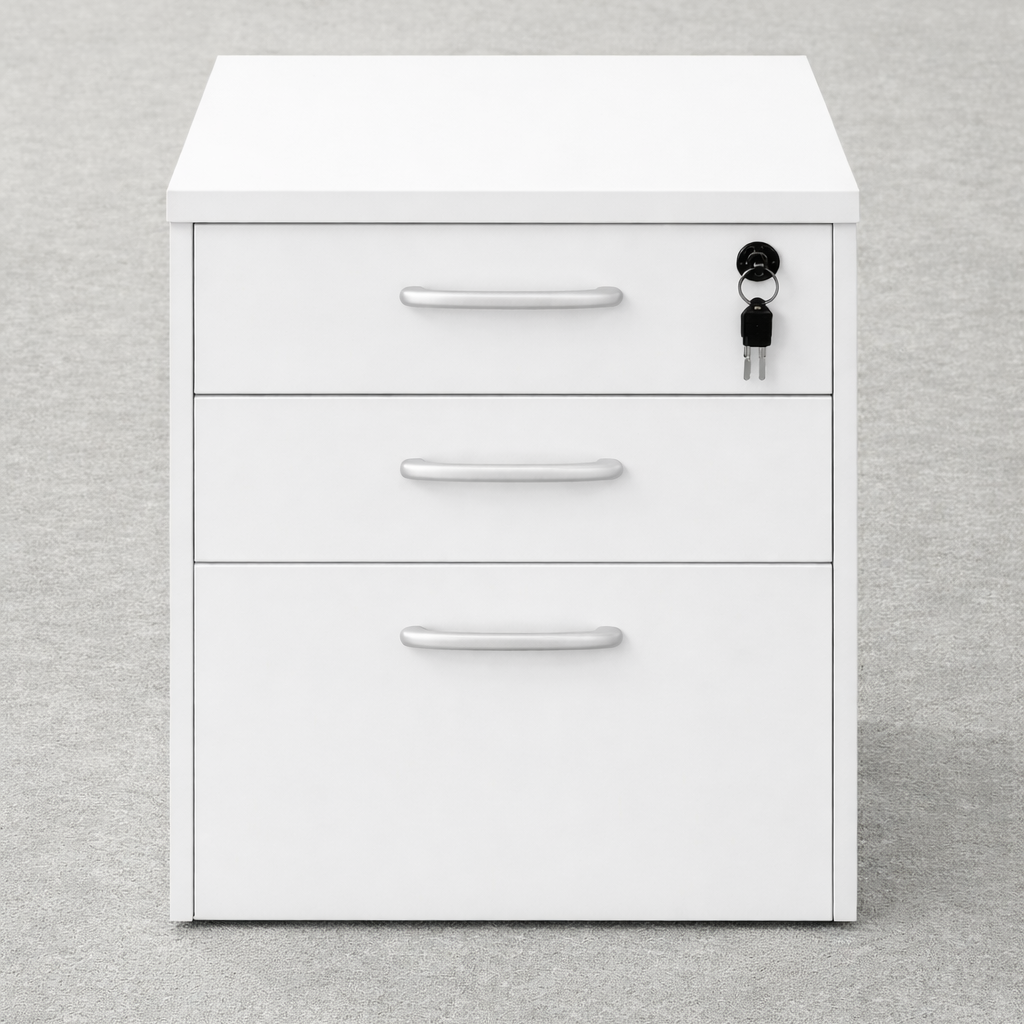 लॉक और पहियों वाले बेस के साथ लकड़ी का पेडस्टल दराज 