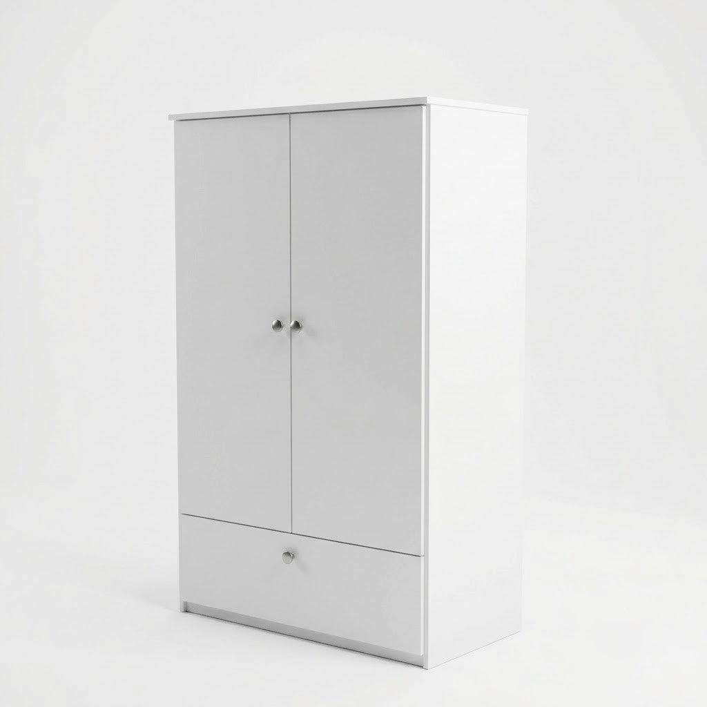 White Wooden Kids Wardrobe Cabinet Armoire with 2 Doors and Bottom Storage Drawer for Nursery Playroom