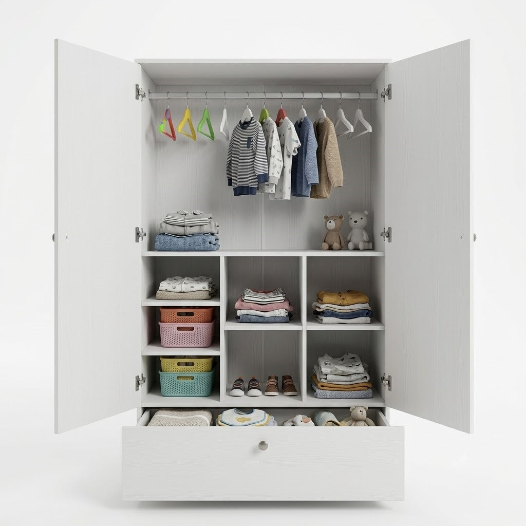 White Wooden Kids Wardrobe Cabinet Armoire with 2 Doors and Bottom Storage Drawer for Nursery Playroom