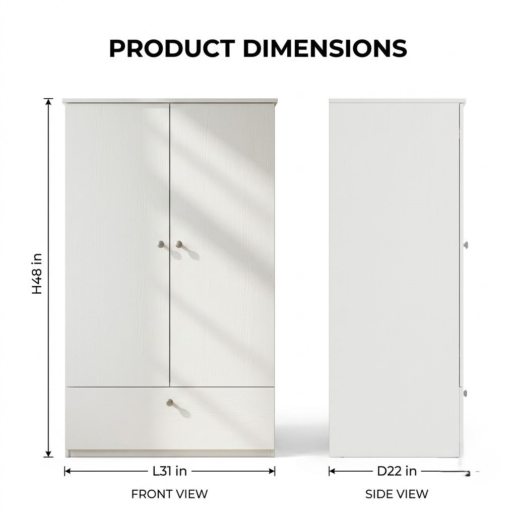 White Wooden Kids Wardrobe Cabinet Armoire with 2 Doors and Bottom Storage Drawer for Nursery Playroom