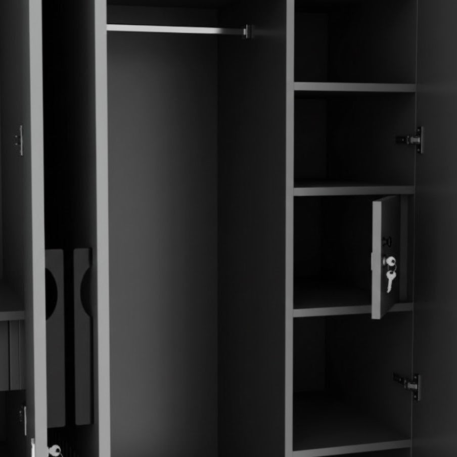 Modern Grey Fluted Wardrobe with Internal Storage, Hanging Rods and Sleek Black Handles for Contemporary Bedroom