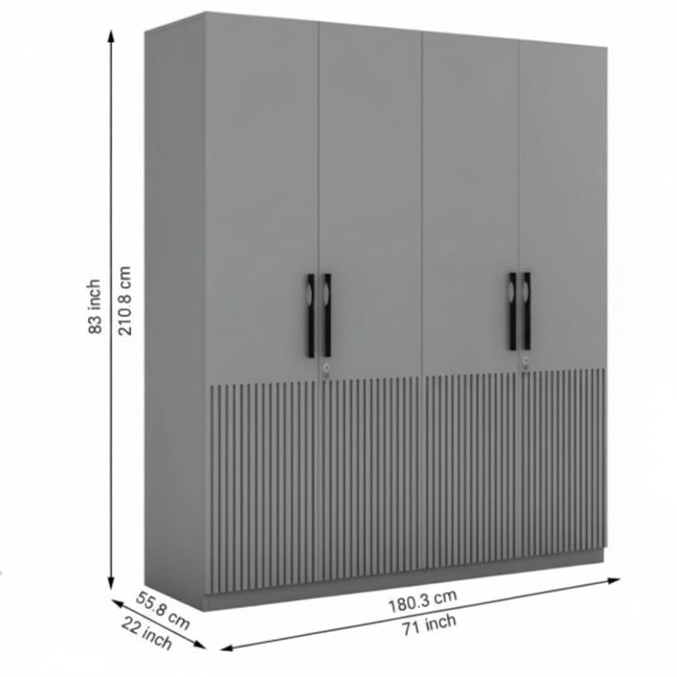 Modern Grey Fluted Wardrobe with Internal Storage, Hanging Rods and Sleek Black Handles for Contemporary Bedroom