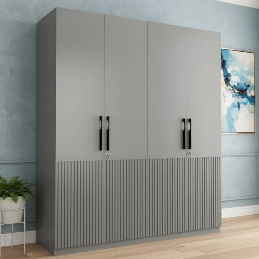 Modern Grey Fluted Wardrobe with Internal Storage, Hanging Rods and Sleek Black Handles for Contemporary Bedroom