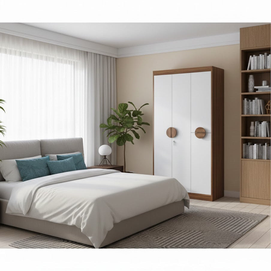 Modern Wardrobe Closet with Circular Wooden Handles and Secure Locking Mechanism for Organized Home Furniture