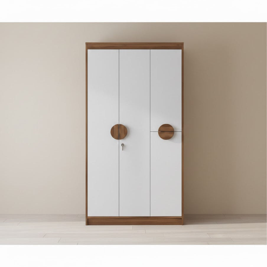 Modern Wardrobe Closet with Circular Wooden Handles and Secure Locking Mechanism for Organized Home Furniture