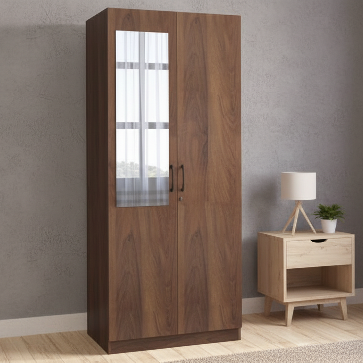 Modern Wooden Almirah with Integrated Mirror and Ample Internal Storage Hanging Rods for Wardrobe