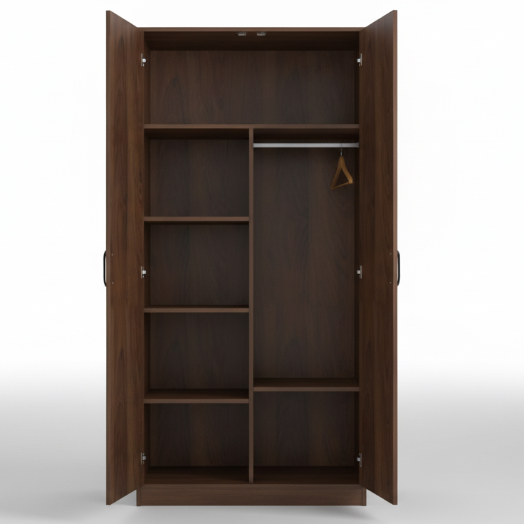 Modern Wooden Almirah with Integrated Mirror and Ample Internal Storage Hanging Rods for Wardrobe