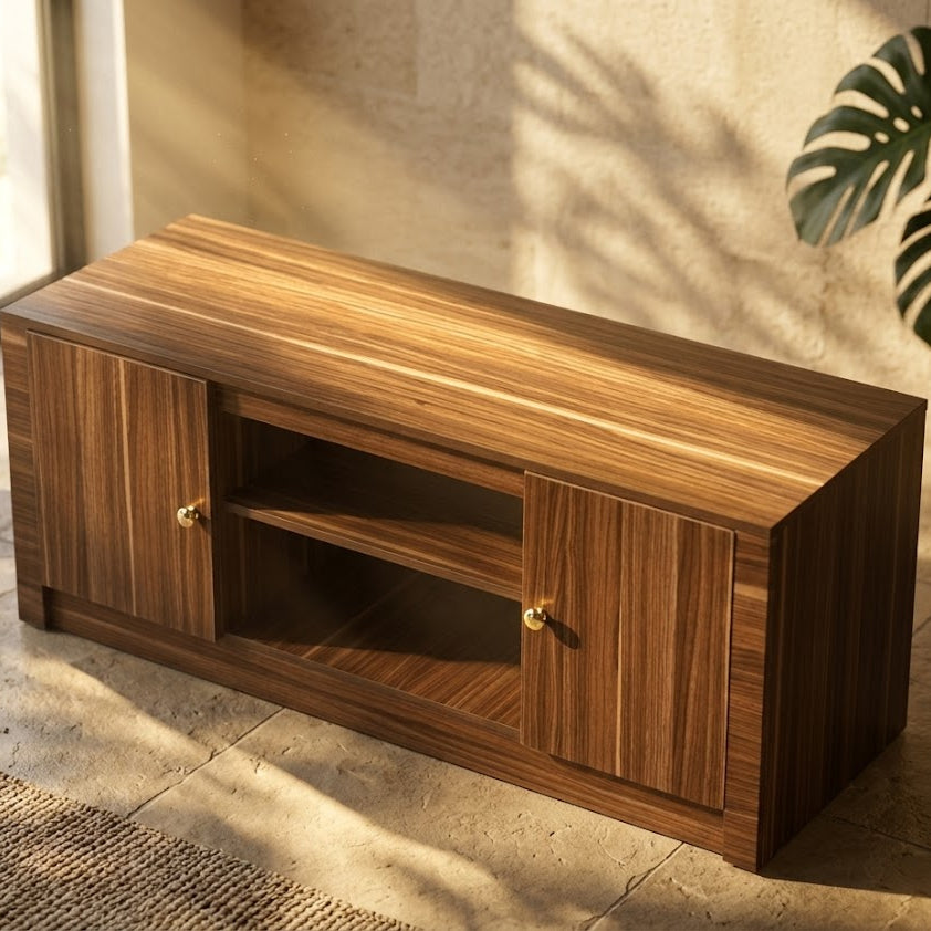 Modern Particle Wood Media Cabinet and TV Console with Dual Storage Doors, Open Center Shelving, and Natural Wood Grain Finish for Living Room