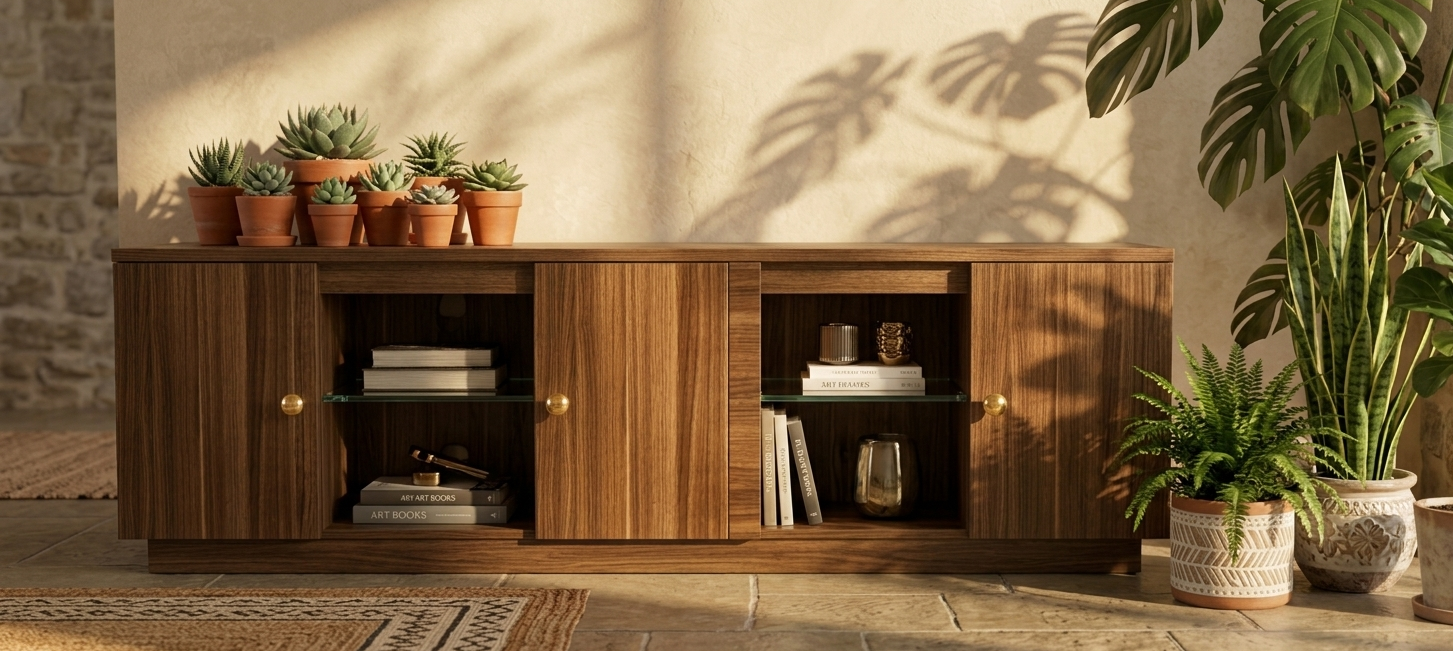 Modern Particle Wood Media Cabinet and TV Console with Dual Storage Doors, Open Center Shelving, and Natural Wood Grain Finish for Living Room