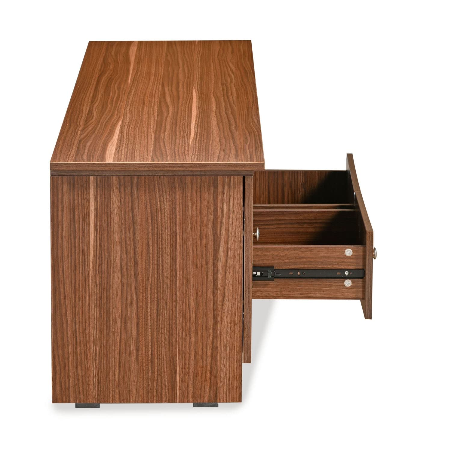 Modern Particle Wood TV Entertainment Unit with Dual Smooth-Glide Drawers, Louvered Side Cabinets, and Open Media Shelves in Premium Walnut Finish for Living Room