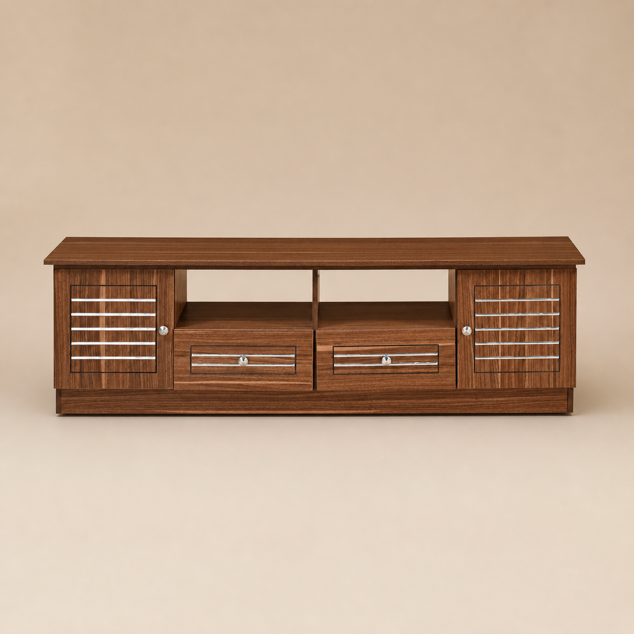 Modern Particle Wood TV Entertainment Unit with Dual Smooth-Glide Drawers, Louvered Side Cabinets, and Open Media Shelves in Premium Walnut Finish for Living Room