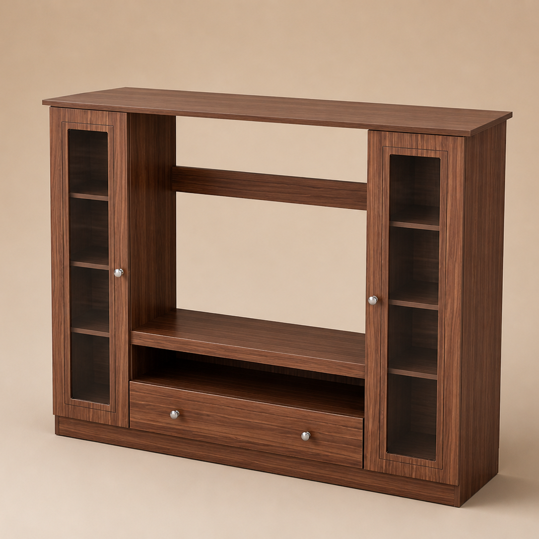 Grand Particle Wood TV Entertainment Wall Unit with Dual Glass-Front Display Towers, Open Media Shelving, and Large Base Storage Drawer in Rich Walnut Finish