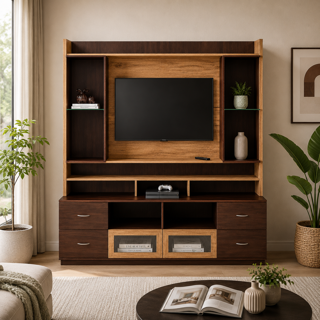Ideal for Living Room and Home Office Use, this Two-Tone TV Wall Unit Offers Glass Side Shelves, Four Storage Drawers, Two Glass Cabinet Doors