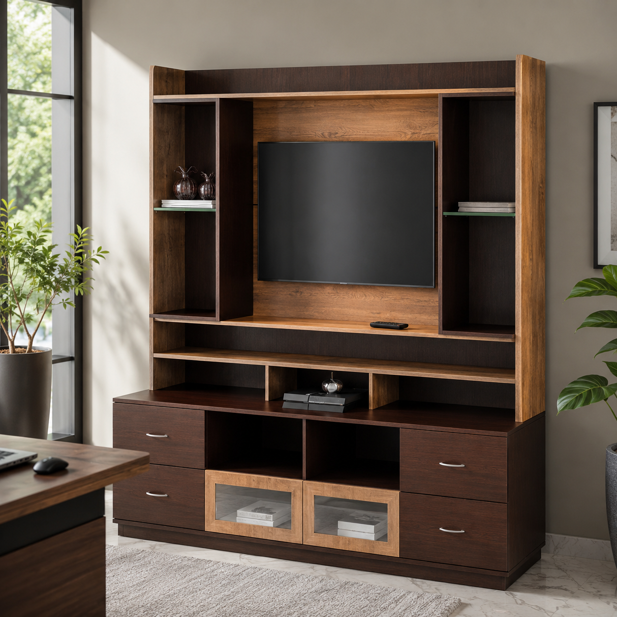 Ideal for Living Room and Home Office Use, this Two-Tone TV Wall Unit Offers Glass Side Shelves, Four Storage Drawers, Two Glass Cabinet Doors