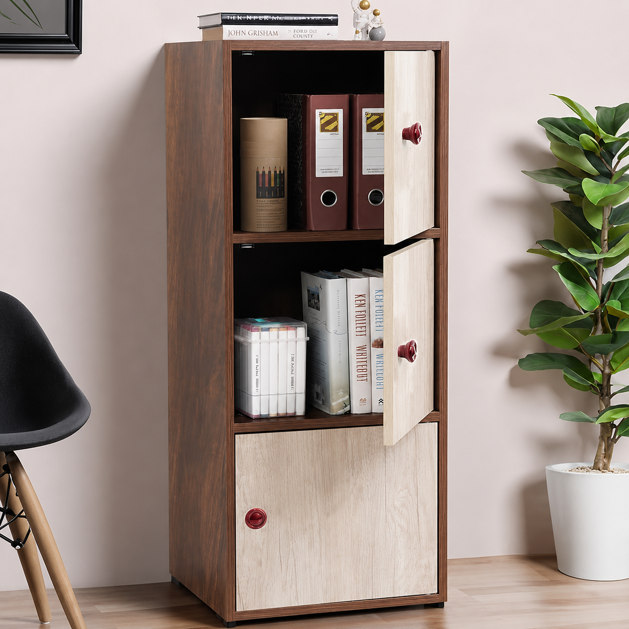 Cabinet with space‑saving storage unit ideal for kitchen, office or living room décor.