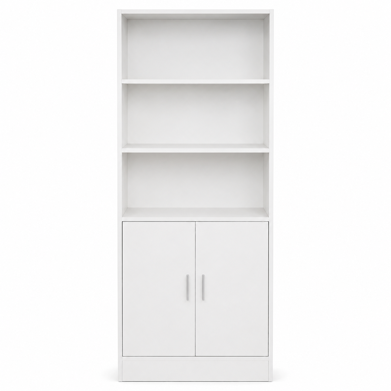 Modern White Storage Cabinet with Open Display Shelves, Double Door Cupboard, 3-Tier Multipurpose Organiser for Home