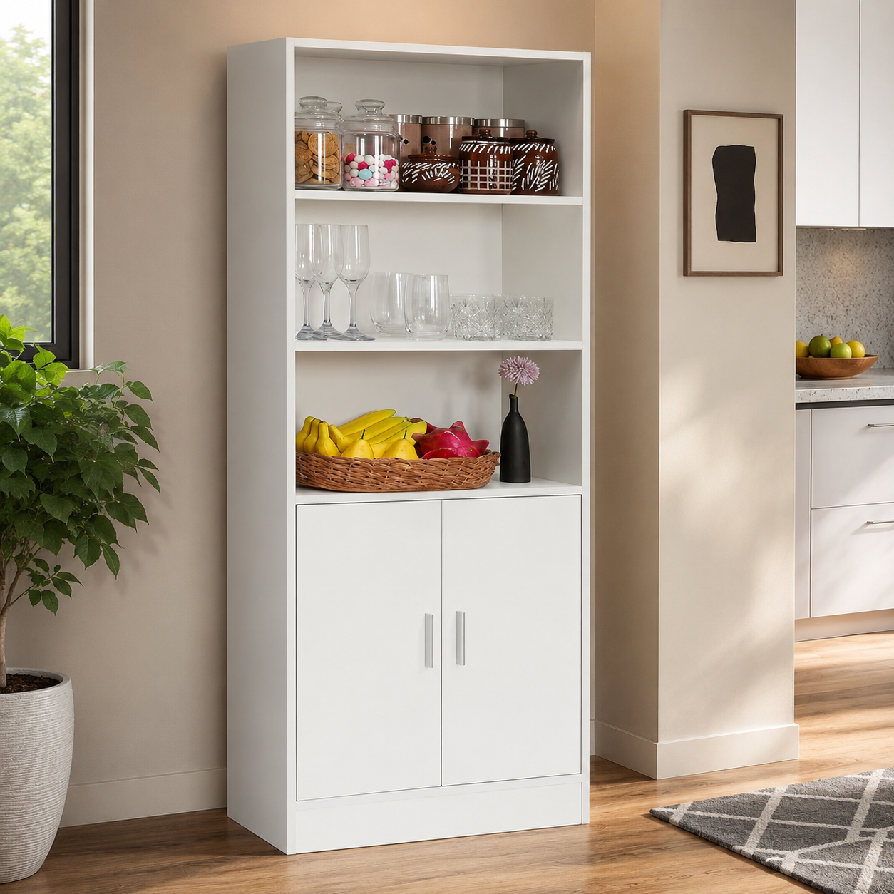Modern White Storage Cabinet with Open Display Shelves, Double Door Cupboard, 3-Tier Multipurpose Organiser for Home