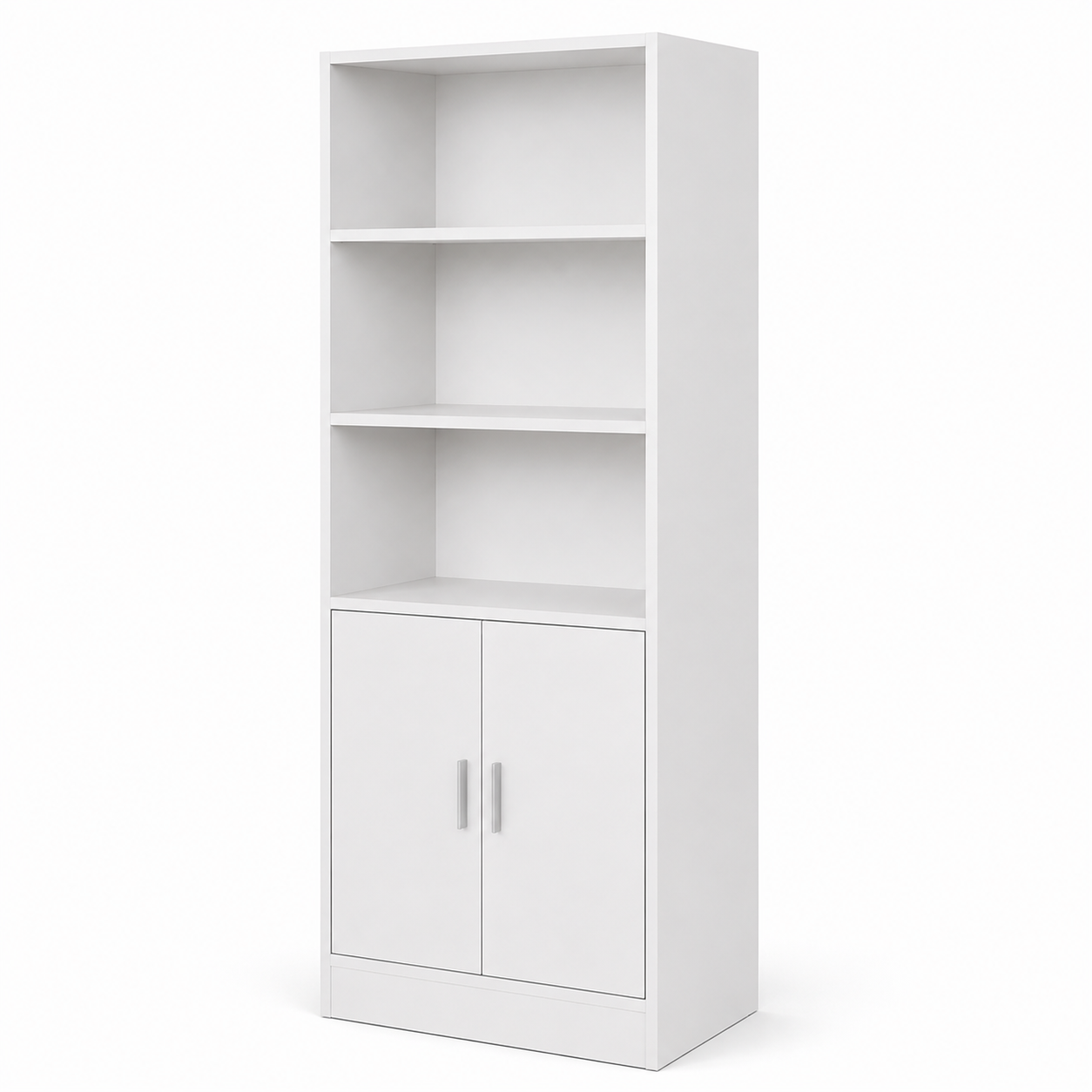 Modern White Storage Cabinet with Open Display Shelves, Double Door Cupboard, 3-Tier Multipurpose Organiser for Home