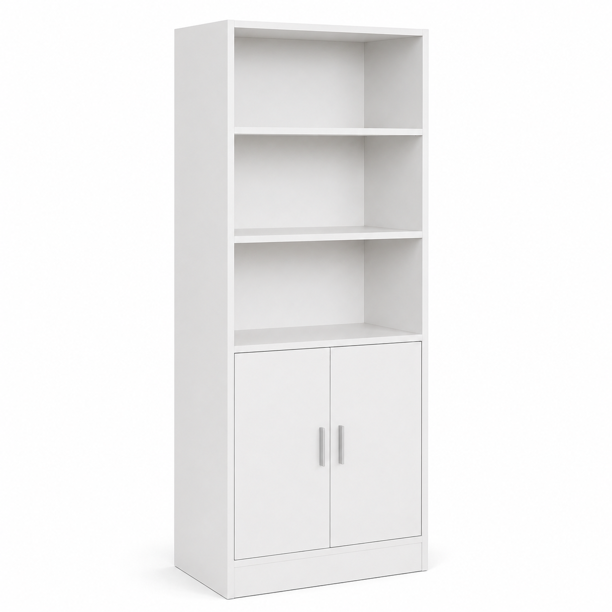 Modern White Storage Cabinet with Open Display Shelves, Double Door Cupboard, 3-Tier Multipurpose Organiser for Home