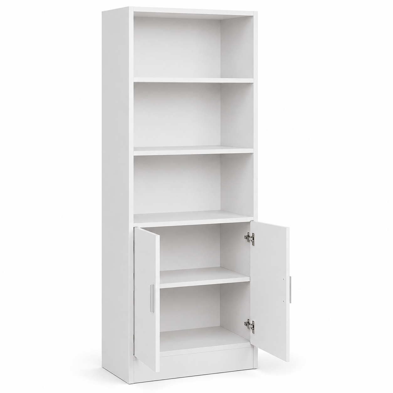 Modern White Storage Cabinet with Open Display Shelves, Double Door Cupboard, 3-Tier Multipurpose Organiser for Home