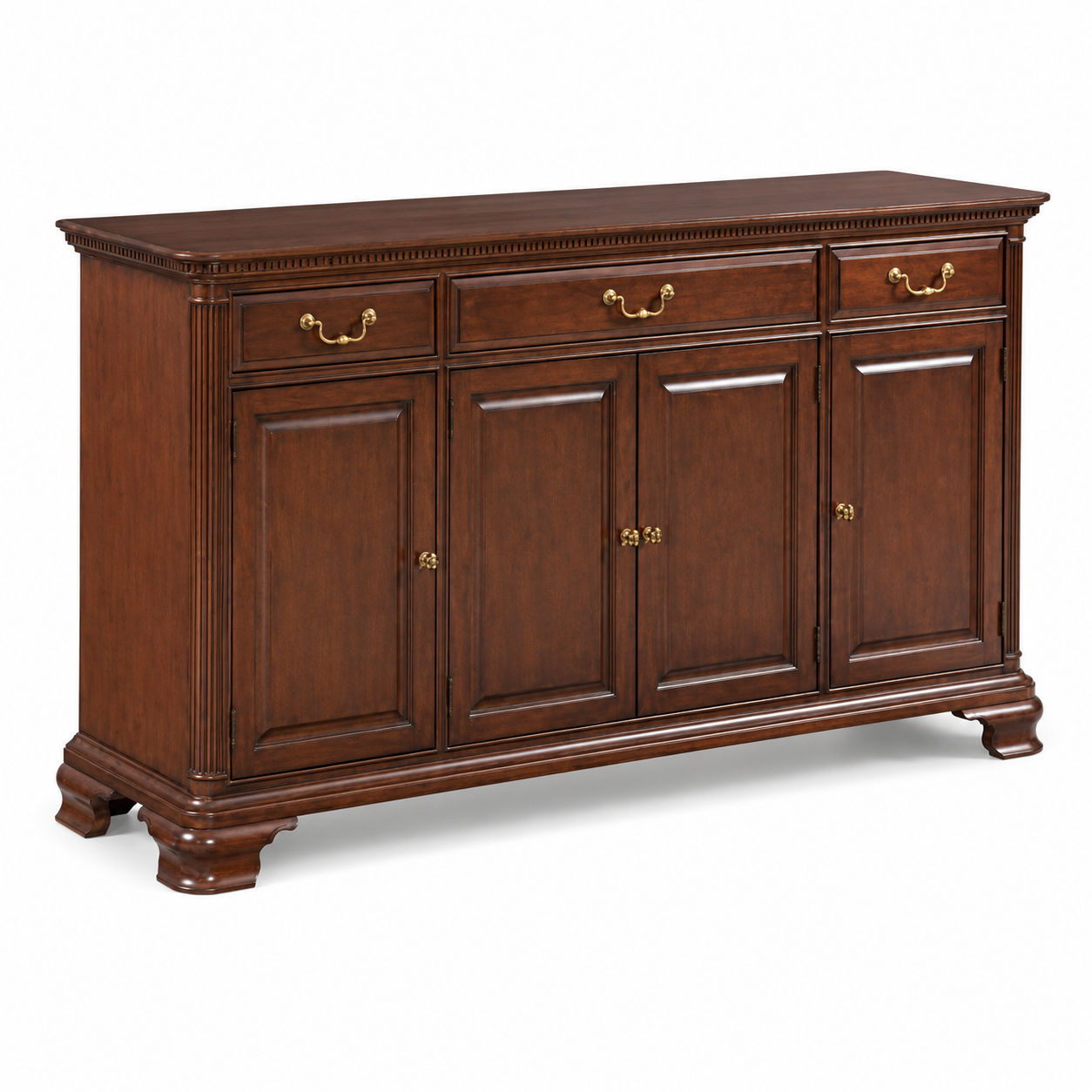 Cabinet with 3 Drawers and 4 Doors, Hand-Carved Embossed Finish, Elegant Multipurpose Storage for Kitchen, Living Room or Home Office.