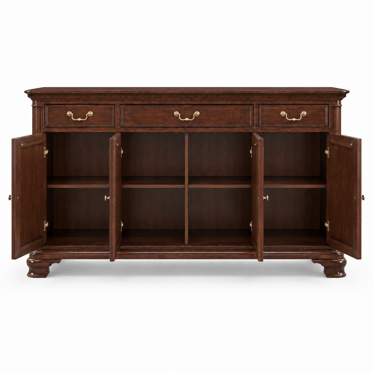 Cabinet with 3 Drawers and 4 Doors, Hand-Carved Embossed Finish, Elegant Multipurpose Storage for Kitchen, Living Room or Home Office.