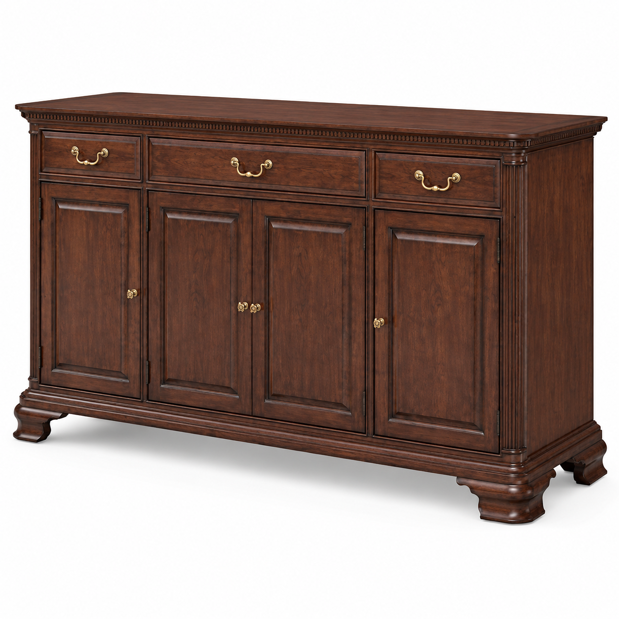 Cabinet with 3 Drawers and 4 Doors, Hand-Carved Embossed Finish, Elegant Multipurpose Storage for Kitchen, Living Room or Home Office.