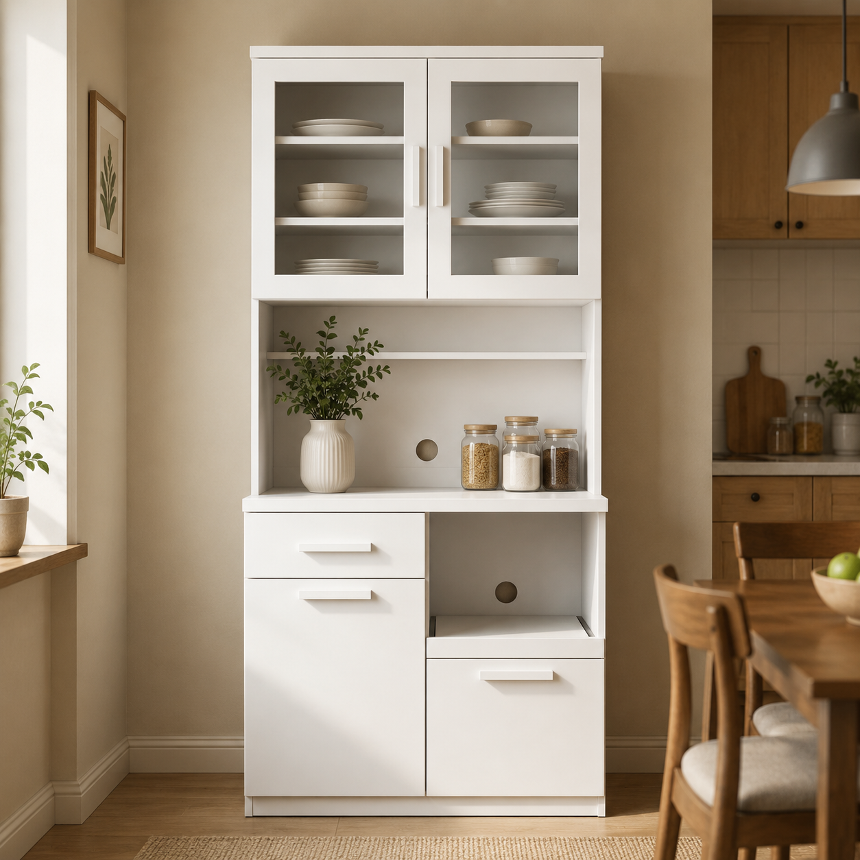 Kitchen Pantry Storage Cabinet with Glass Display Doors, Utility Drawer, Open Appliance Shelf and Dining Room Organizer Unit