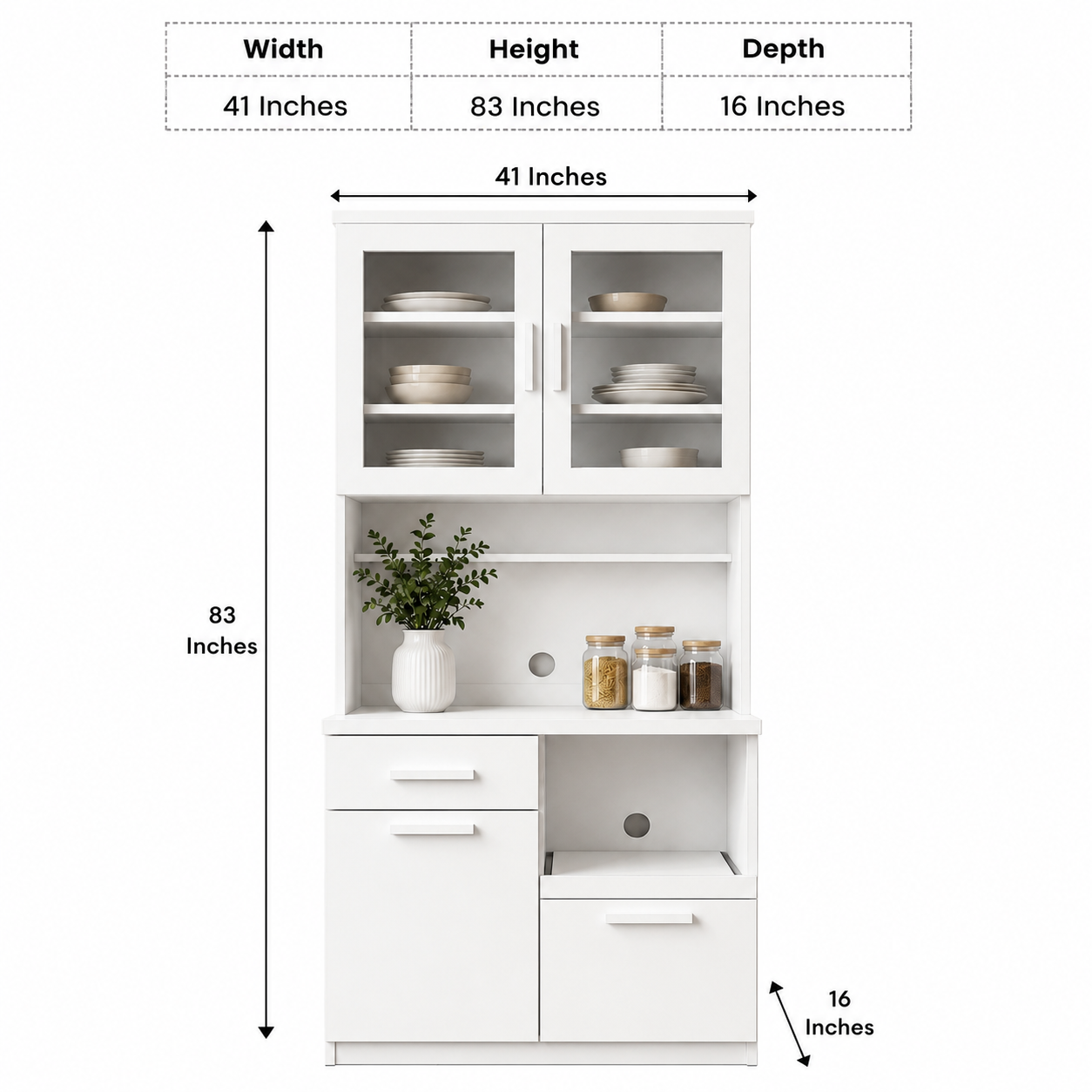 Kitchen Pantry Storage Cabinet with Glass Display Doors, Utility Drawer, Open Appliance Shelf and Dining Room Organizer Unit