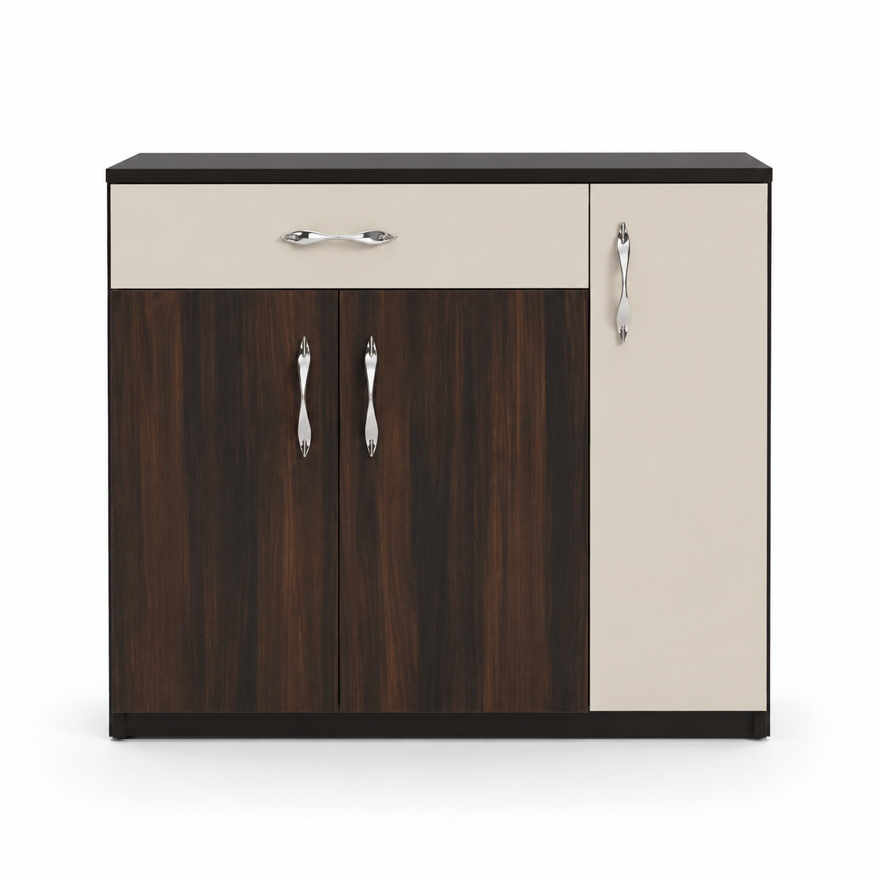 Modern Kitchen Storage Cabinet with Drawer and Double Door | Walnut & Cream Finish
