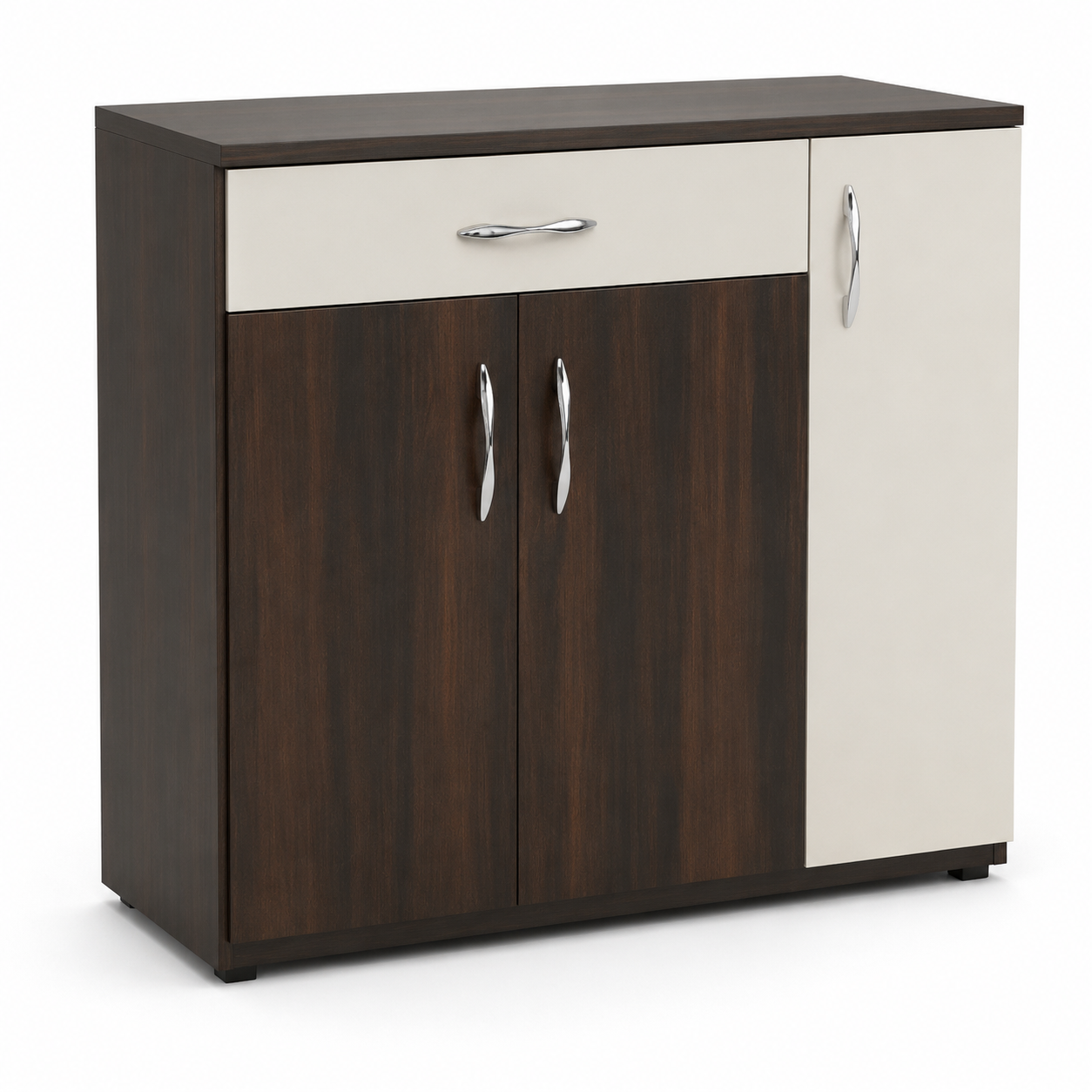 Modern Kitchen Storage Cabinet with Drawer and Double Door | Walnut & Cream Finish