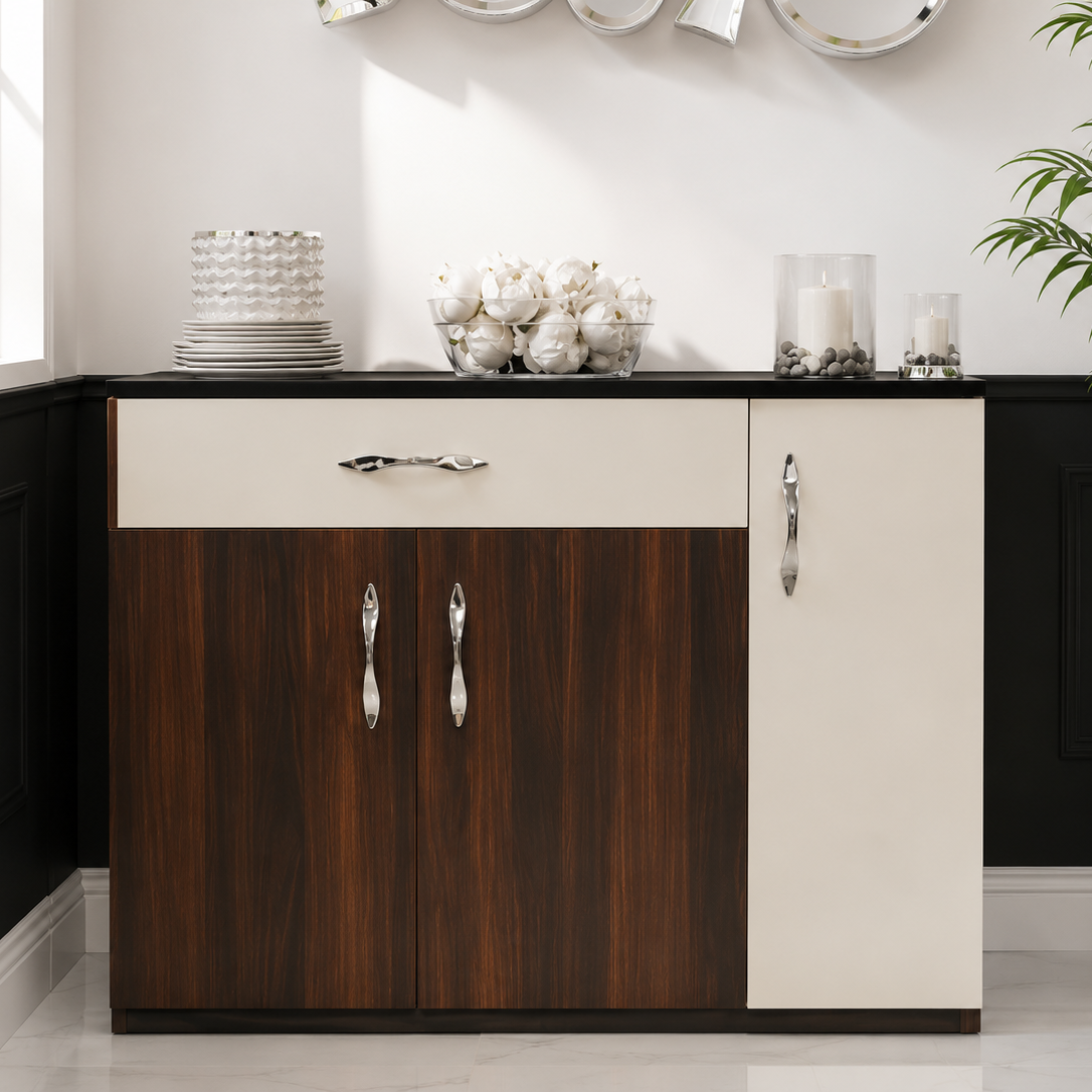 Modern Kitchen Storage Cabinet with Drawer and Double Door | Walnut & Cream Finish
